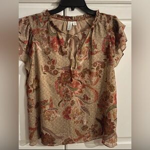 ✨ Joie Silk & Metallic Floral Flutter Sleeve Ruffle Neck Blouse - Medium